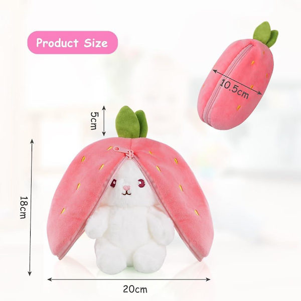 OSDUE Kanin Plysj Leke, Vendbar Kanin Gulrot Jordbær Pute med Glidelås, Jordbær Plysj Søt Kanin Plushie Leke for Jenter Gutter Påske Barn Red Strawberry-23cm