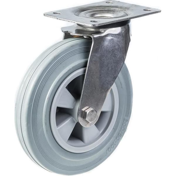 Hjul - Rustfrit Stål - 200 mm - Grå Gummi - Drejeligt - 205 kg Grå