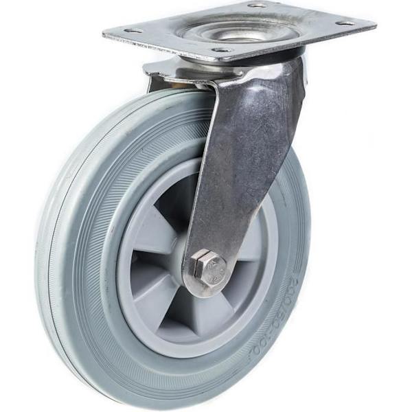 Hjul - Rustfritt Stål - 200 mm - Grå Gummi - Svingbart - 205 kg Grå