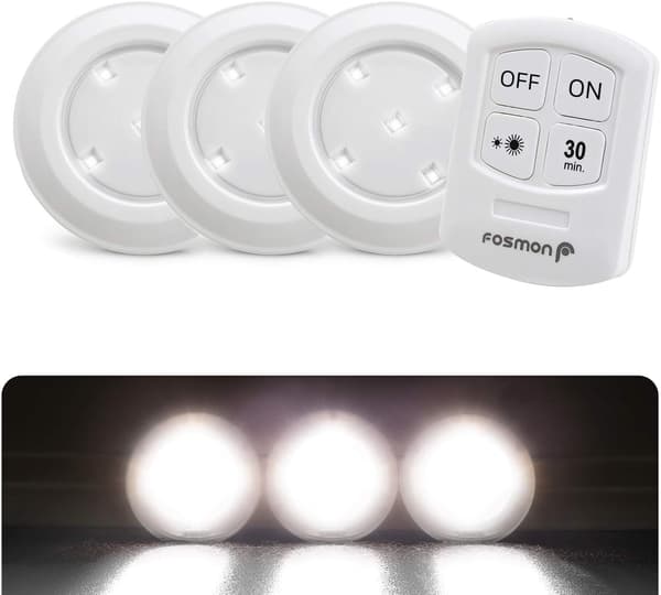 Trådløs LED Puck-lampe med fjernkontroll, underskapsbelysning, 5 dagslys, hvit LED
