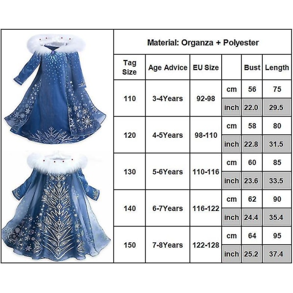 Frozen 2 Elsa Prinsessans Snöflingedräkt Kappa Barn Flickor Halloweenfest Cosplay Isdrottningen Finfräcka Klä Upp Jul Födelsedag Prestanda Kostym 3-4 Years