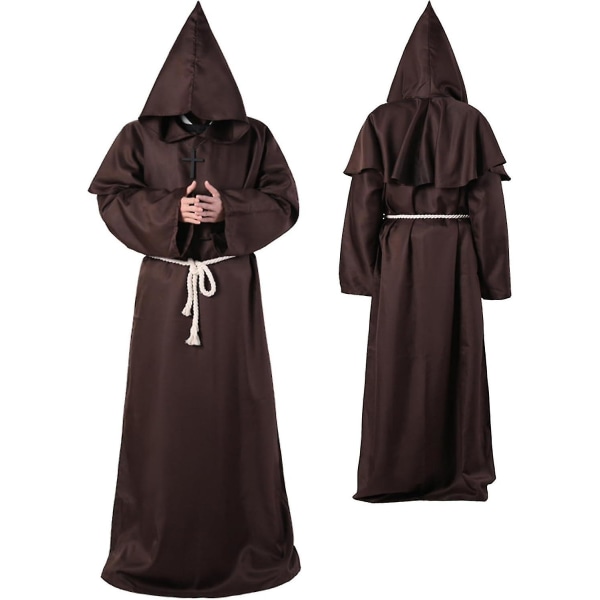 Unisex voksen middelalderkåbe kostume munk hættekåbe kappe broder præst troldmand halloween tunika kostume 3 stk. Brown Large
