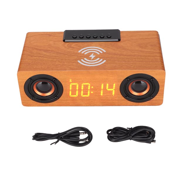 Wireless Bluetooth Speaker 10W Wireless Charging Wood Retro Alarm Clock Speaker for Mobile Phones Tablets Light Walnut
