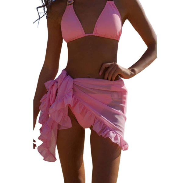 Tynn Mesh Mini Ruffle Skjørt Kvinner Cover Up Tassel Kjole Bikini Bade Skjørt Kvinner Badetøy Strandklær Wrap Rose Pink