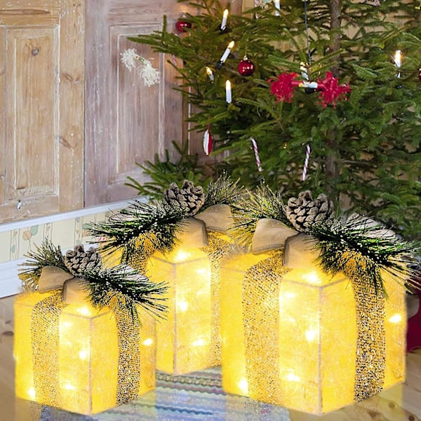 Sæt med 3 Julebelyste Gaveæsker, Forbelyste 60 LED Lys Gaveæsker Ornamenter Udendørs Varmt Hvid [HK]