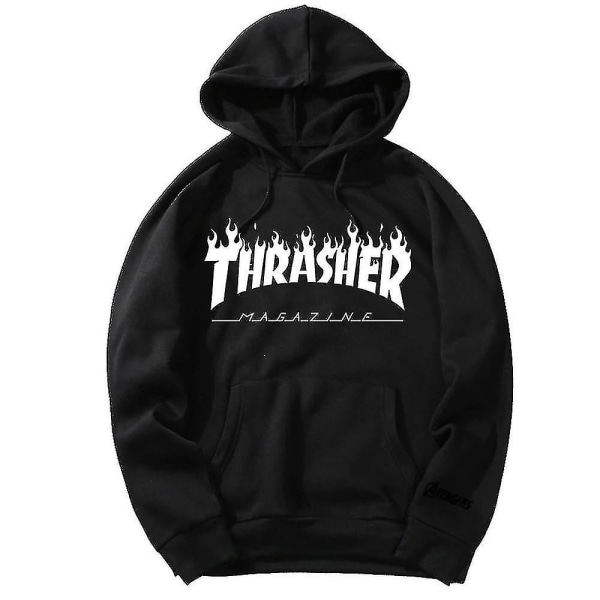 Unisex Thrasher Hoodie med Bogstavprint, Trøje med Snørehætte og Lomme Black XL