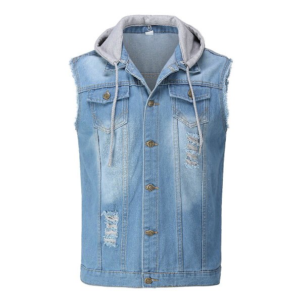 YOUTHUP Mænds Hættetrøje Denim Vest Casual Vintage Ripped Yderbeklædning Cowboy Gilet Blue M