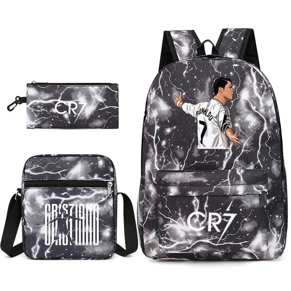 Football Star C Ronaldo Cr7 Rygsæk med tryk omkring eleven Tredelt rygsæk. Black thunder 3 backpack