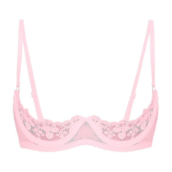 Damunderkläder, spetsbh med bygel, halterhalsband, O-ring, push-up, genomskinlig, Xinmu Pink D L