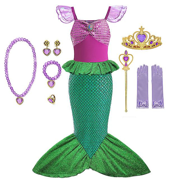 Disney Little Mermaid Ariel Princess Costume Barnekjole Til Jenter Cosplay Barn Karneval Bursdagsfest Klær Havfruekjole N 7-8T(size 140) 10pcs Mermaid Set