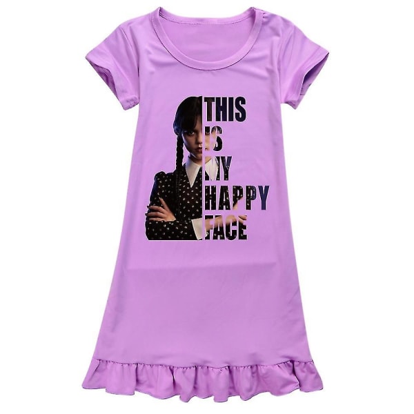Barn Barn Flickor Onsdag Addams Printed Addams Familjetema Sovklänning Kortärmad sommar Crew Neck Lös purple 120
