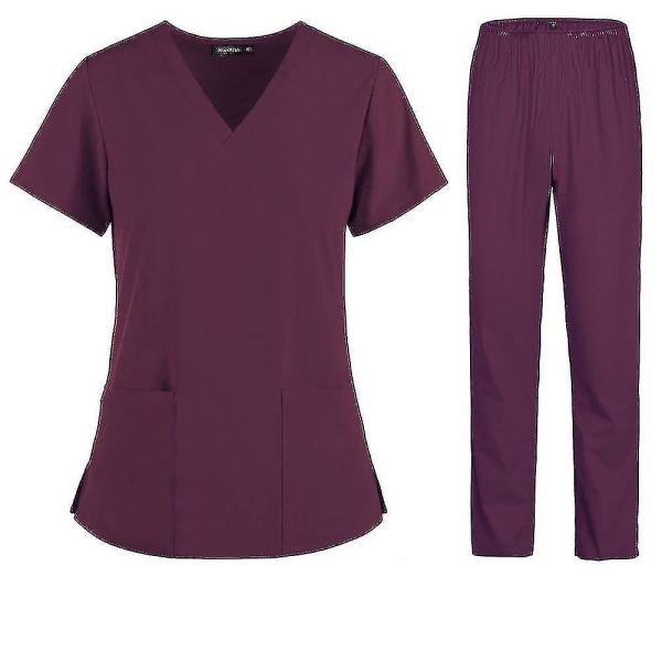 Sjuksköterska kvinnor Tyg kortärmade medicinska uniformer Burgundy L