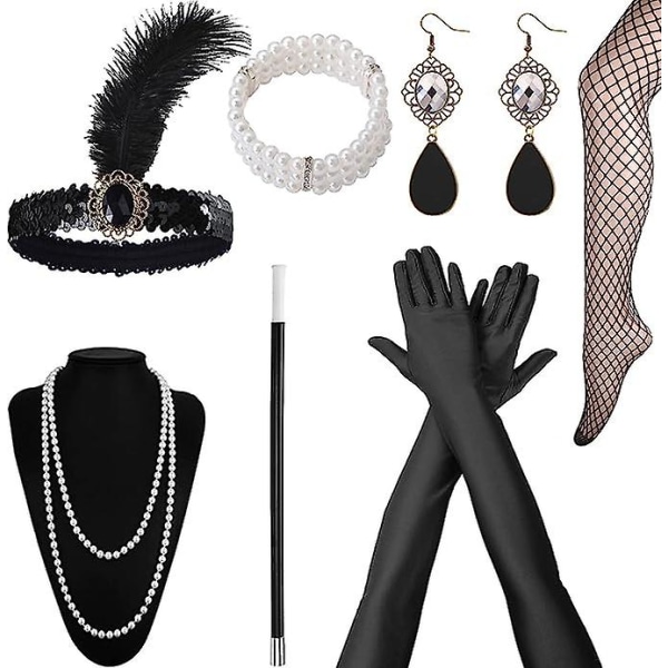 1920-luvun asusteet naisille, Gatsby-asusteet naisten set Muoti Roaring 20-luvun set, 7kpl päänauha pitkät mustat hanskat kaulakoru korvakorut naisille style B