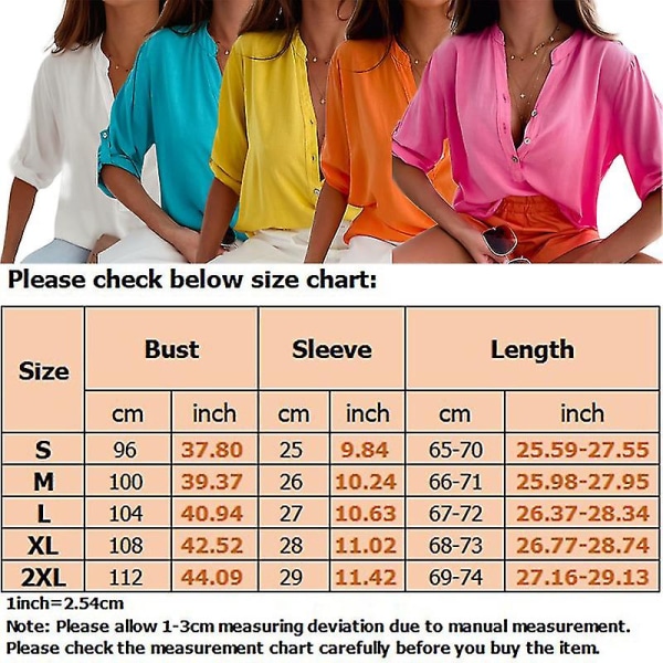 Dame V-hals Skjorte Tunika Tops Casual Basic Bluser Stående Krage Halværmet Skjorter Yellow S