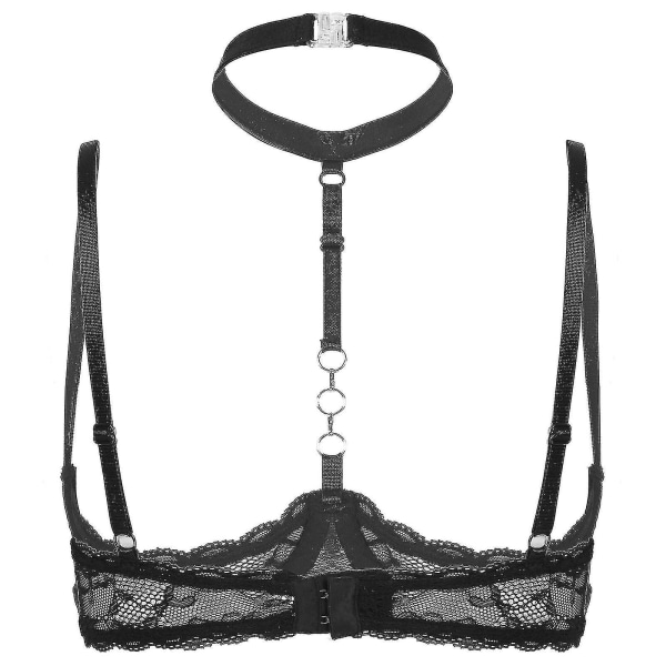 Dame 1/4 Cups Underwire BH Halter Hals O-Ring Gennemsigtig Blondering Push Up BH Lingeri Bryst Åben BH Undertøj Xinmu Black D 5XL