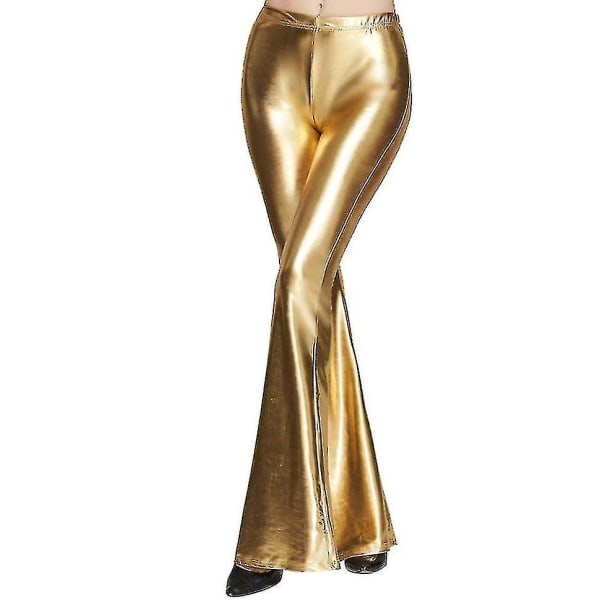 Naisten 70-luvun merenneito kiiltävä metallinen flare jalkahousut Hippie metallihousut joogahousut Gold M