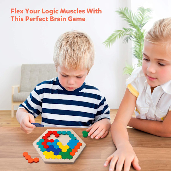 Trähjärtat Hexagonpussel - Formblock Tangram Hjärnteaser Leksak Geometri Logik IQ Spel Present till Alla Åldrar Utmaning