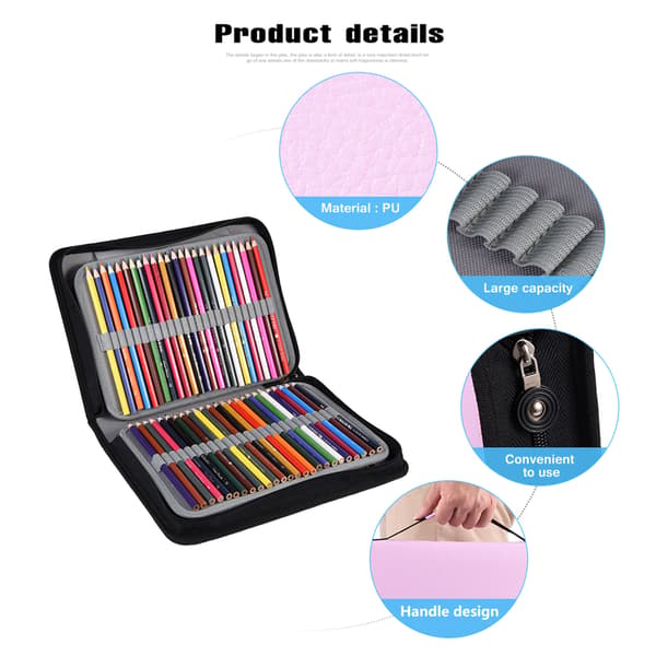 Pink PU Leather Large Capacity Pencil Case with Zipper and Long Handle
