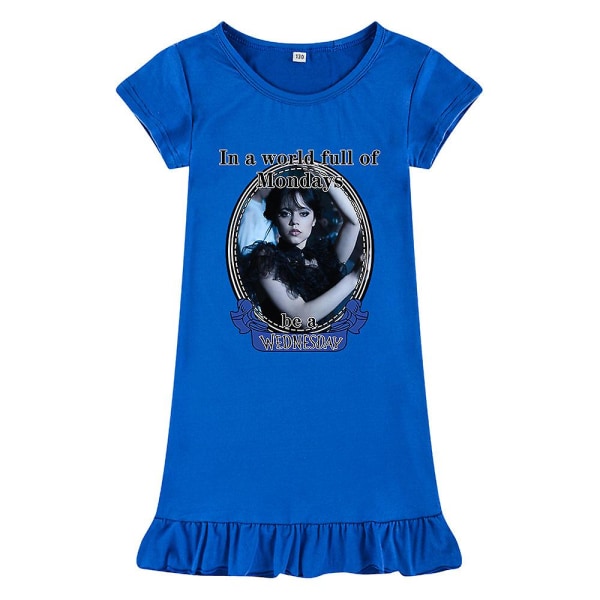 Børn Børn Piger Onsdag Addams Printet Addams Family Theme Sleep Dress Kortærmet Sommer Rundhals Løs blue 140
