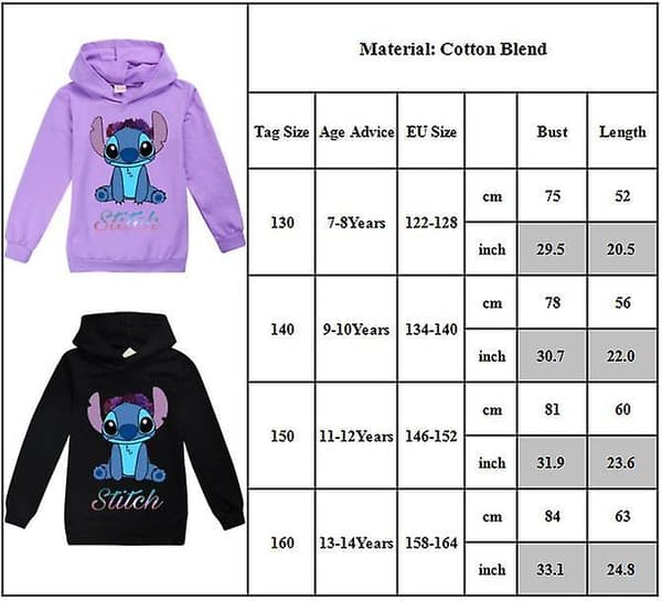 7-14 år Barn Stitch Trykk Hettegenser Pullover Topper Casual Hettegenser Purple 9-10 Years