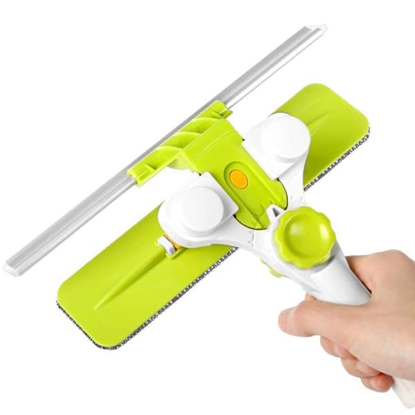 Window cleaner with smart angle, extendable telescopic handle and double-sided window squeegee for the outside