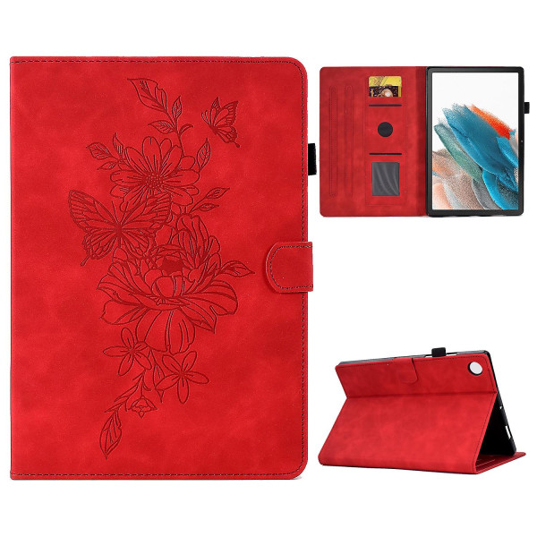 Case med fullständigt skydd för Samsung Galaxy Tab A8 10.5 (2021) X200 / X205 Butterfly Flower Pattern Printed Pu Leather Sticking Line Anti-dropp T Red