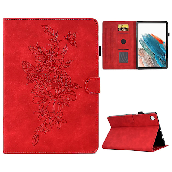 Täysi suoja tabletin kotelo Samsung Galaxy Tab A8 10.5 (2021) X200 / X205 Perhonen kukka kuvio painettu PU nahka ommeltu viiva Anti-drop T Red