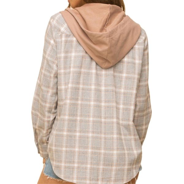 Dame Plaid Langærmet Skjorte Casual Hættetrøje Knappet Jakke Grey XXL