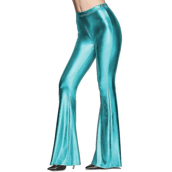 Dam 70-tal Mermaid Shiny Metallic Flare Leg Byxor Hippie Metallic Pants Yogabyxor Teal S