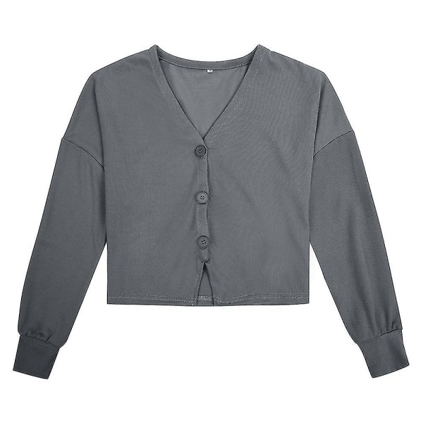 Bomuld Dame V-hals Mode Design Løstsiddende Ensfarvet Casual Cardigan 15 Farver Gray S