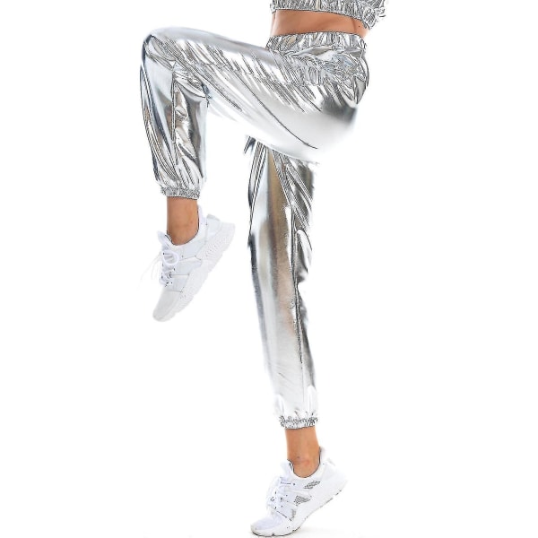 Naisten muoti holografiset Streetwear Club Cool Shiny Causal Pants Silver L