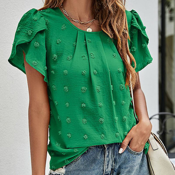 Dame T-skjorte Chiffon topper med rund hals Polka Dots Tunika Bluse Uformell T-skjorte med kronbladermer Green L