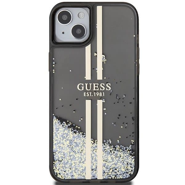 Guess Liquid Glitter Gold Stripes-deksel til iPhone 15 Plus / 14 Plus - svart