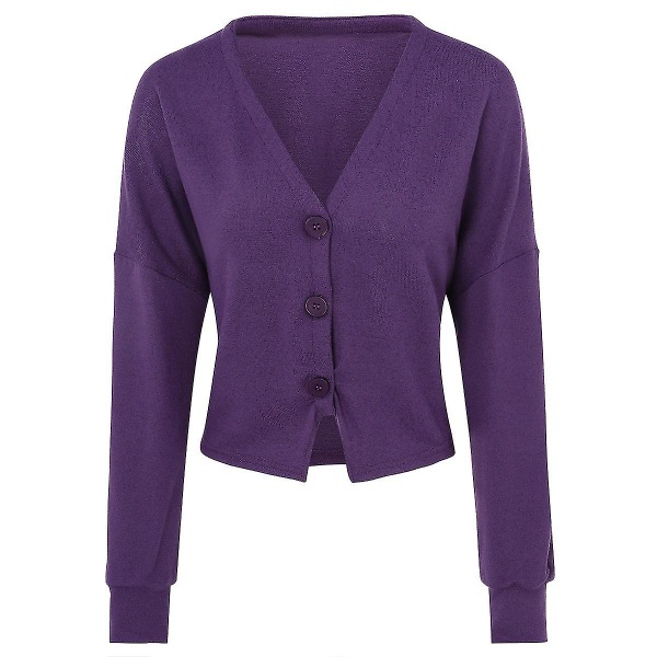 Bomuld Dame V-hals Fashion Design Løs ensfarvet Casual Cardigan 15 farver Purple 3XL