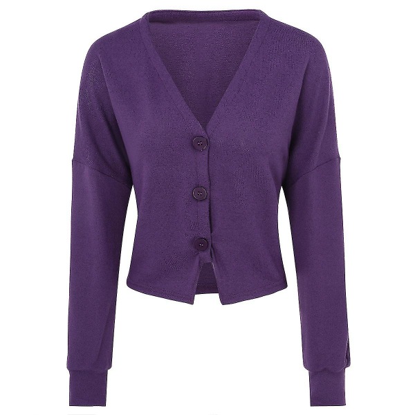 Naisten puuvillainen V-kaula-aukkoinen muotisuunnittelu Löysä yksivärinen casual neuletakki 15 väriä Purple XL