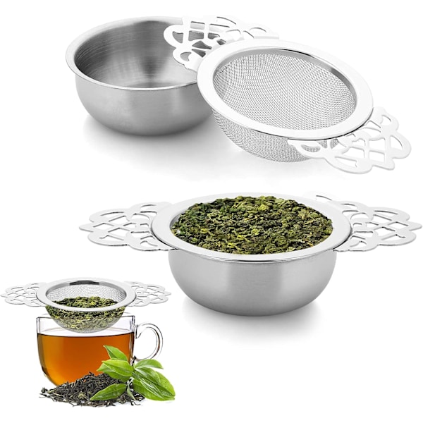 2-pak Små Fine Maske Te-si med Skål, Rustfrit Stål Løs Te Infuser Si 7cm Diameter Te Filter med Dobbelte Vingeudvidelser Ideel