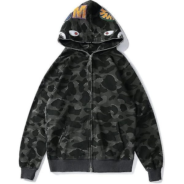 Shark Ape Bape Hoodie Camo Print Polyestertröja Casual Loose Zip Hoodie Jacka För Herr Dam black L