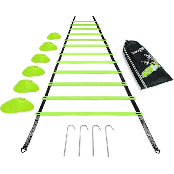 Ultimate Combo Agility Ladder Træningssæt - Hurtighed Agility Ladder med 12 Justerbare Trin, 12 Agility Kegler & 4 Stålpløkke - Inkluderet Bærepose Combo Lime