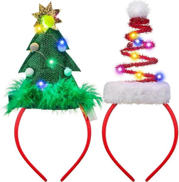 2 Pak Julehovedbånd med LED-lys Julemandshue og Juletræ til julefester