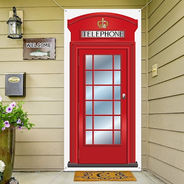 Engelsk Telefonkiosk Dörröverdrag, Stor Röd Tyg Telefonkiosk Dörröverdrag Hemma Ledat Telefonkiosk Dekoration Banner För Fotobakgrund Brittisk Internationell
