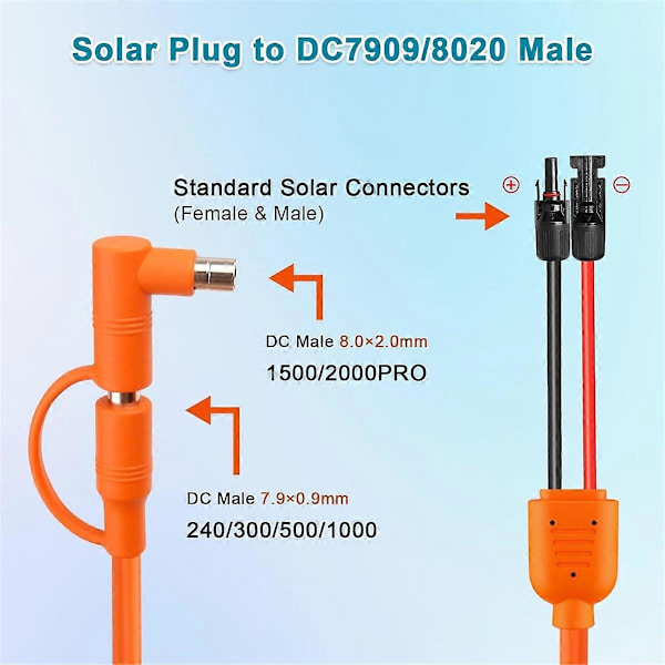 Solpanel til DC 8mm adapterkabel 2m, solcelleforbindelse til DC7909/8020 hanstik forlængerledning, fortinnet kobbertråd Orange
