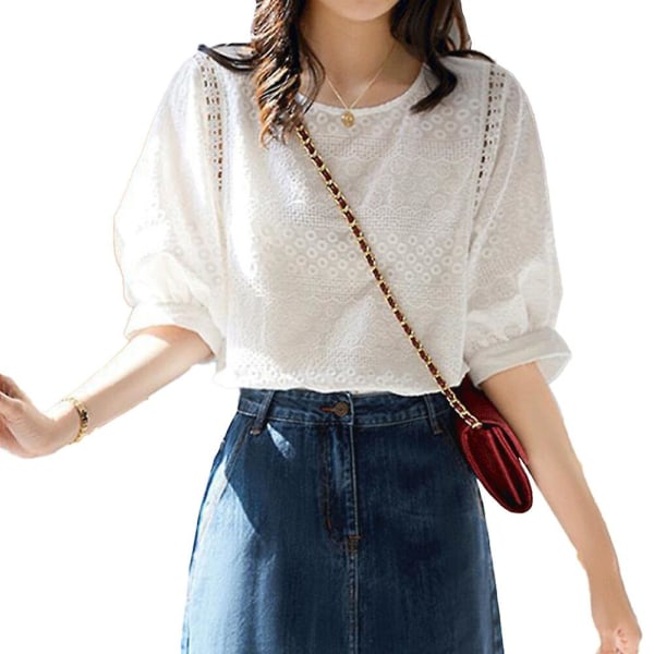 Casual Lantern Sleeve Loose Shirt Broderi Bomull Spets O-ringad Sommar