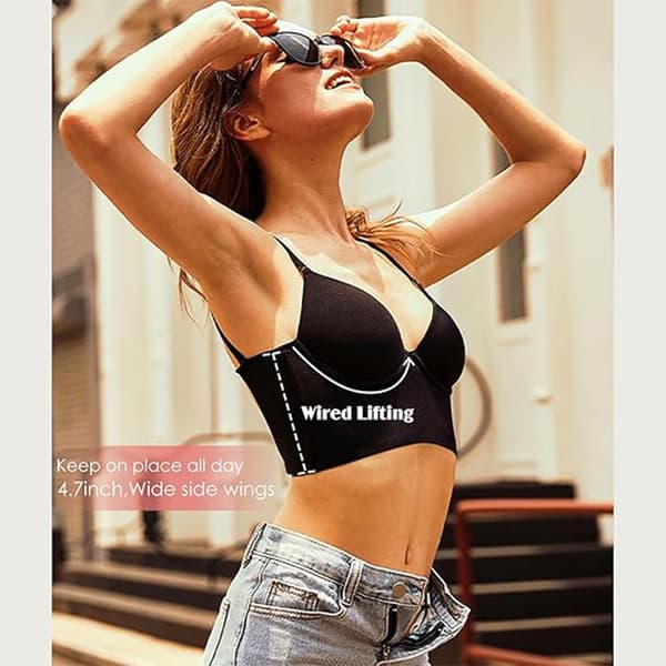 Low Back Bra for Women Push Up Deep V-Neck Backless Bra Black Black S