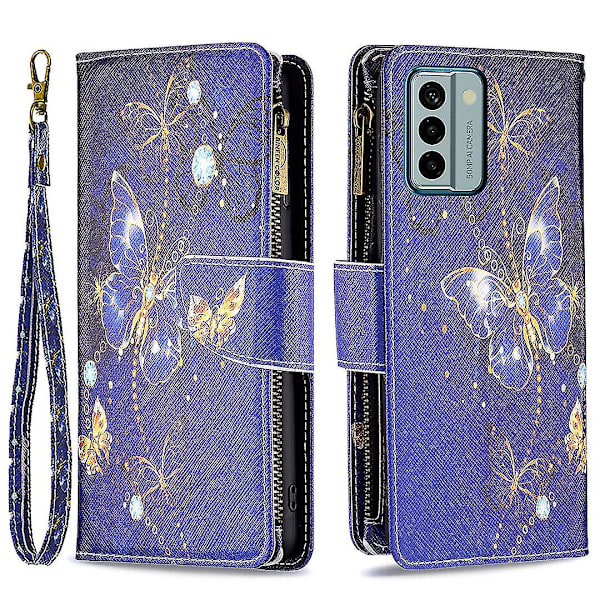 Læder Telefonetui med Lynlås Lomme til Nokia G22 Bf03 Mønstertryk Wallet Foldbar Stativ Cover Purple Butterflies