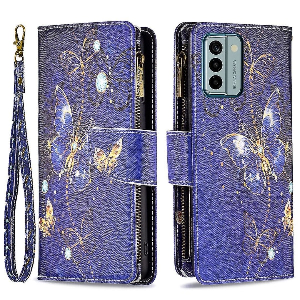 Nokia G22 Bf03 vetoketjutaskulle nahkaiselle phone case kuviotulostus cover Taitettava jalustan kansi Purple Butterflies