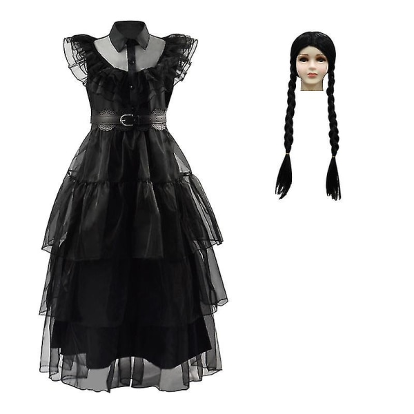 2023 New Cosdaddy Wednesday Addams Family Cosplay kostymklänning Barn Barn Flickor Svart klänning Peruk Halloween kostym T4 160