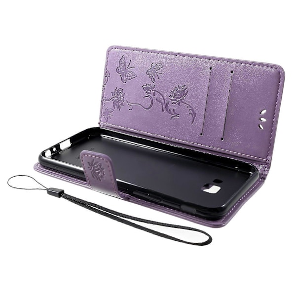 Imprint Fjärilsblommiga Plånboksfodral Stativ Läder Mobiltelefonfodral för Samsung Galaxy J4 Plus