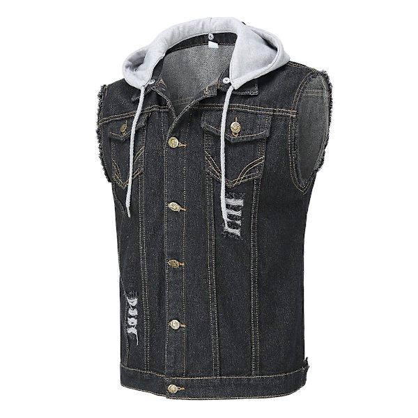 YOUTHUP Herre Denim Vest med Hetteskjerm Casual Vintage Ripped Yttertøy Cowboy Gilet Black 3XL