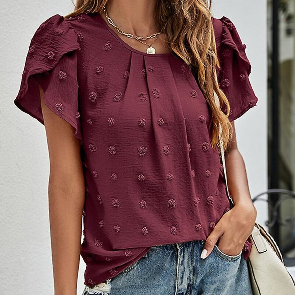 Dame T-shirt Chiffon toppe med rund hals med polka dots tunika bluse Casual T-shirt med kronblade Wine Red S