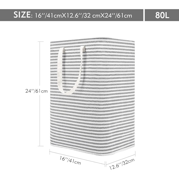 80L Frittstående Vaskeromskurv med Håndtak, Sammenleggbar Stor Bomulls Kurv for Klær (Grå)